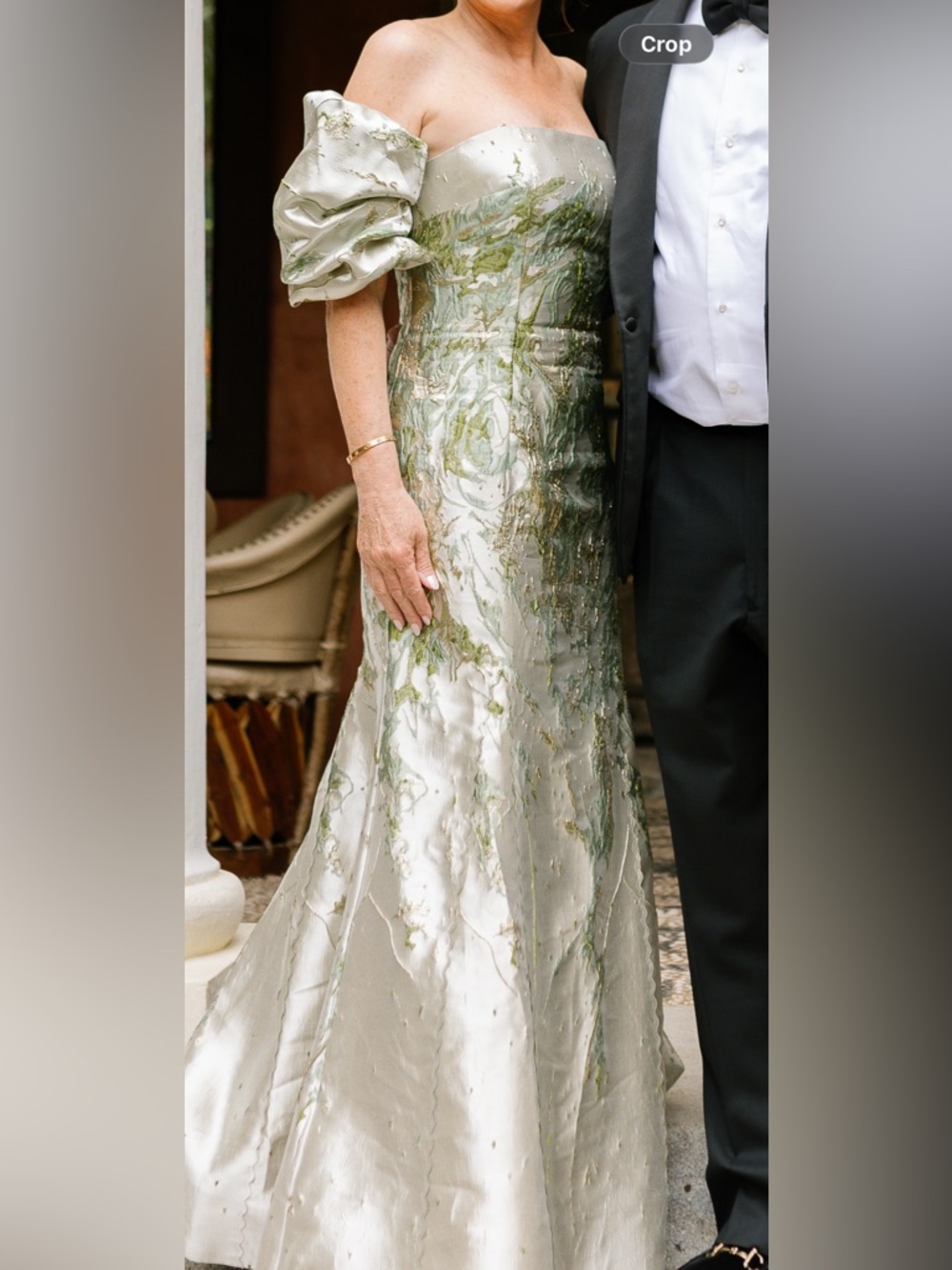 Strapless Metallic Green-Accent Evening Gown